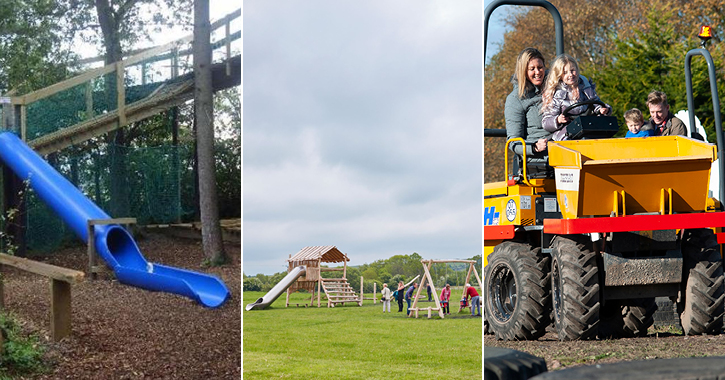 Broom House Farm outdoor playground, derwent waterside park playground and family on ride at Diggerland